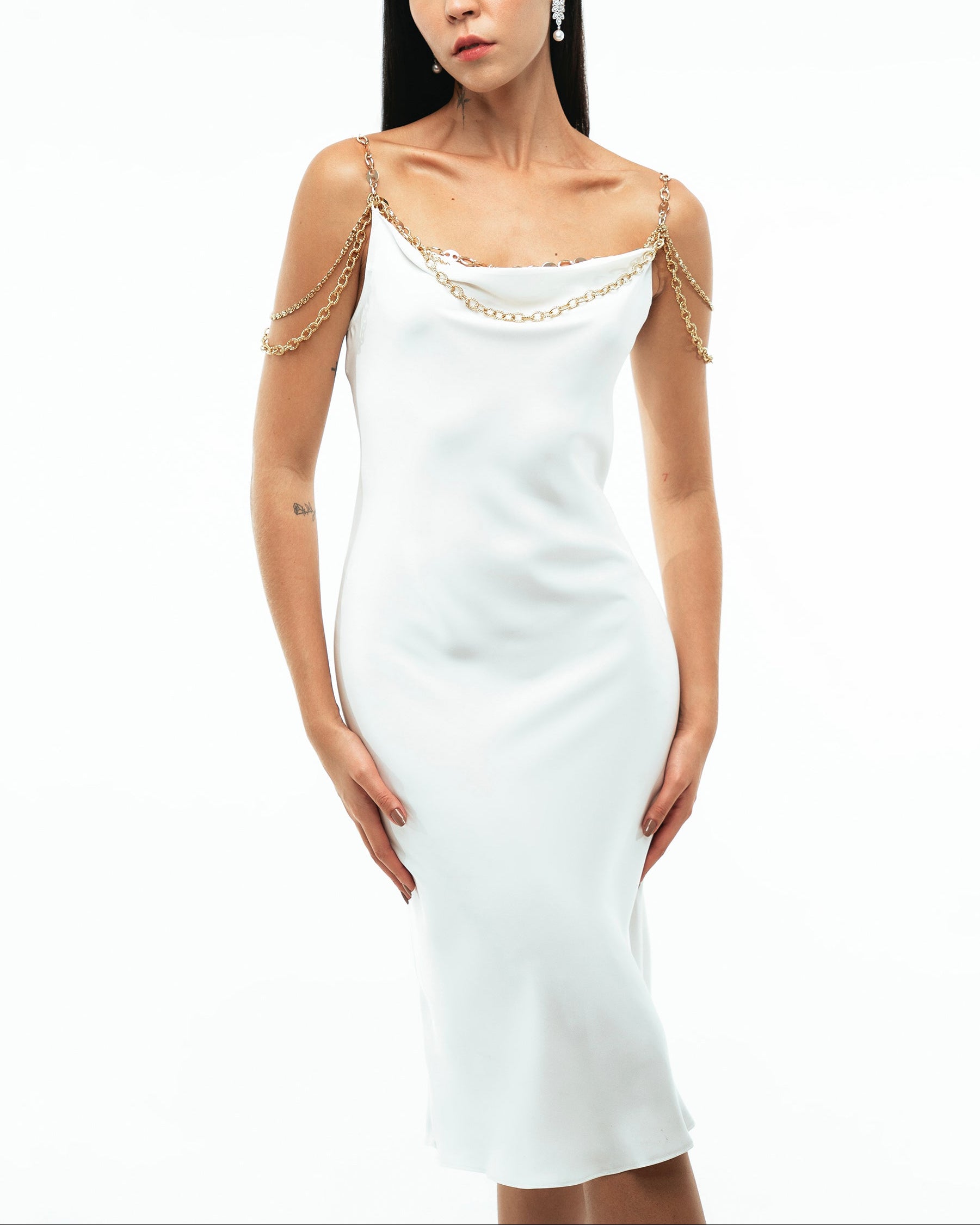Chain-Embellished Satin Slip Dress