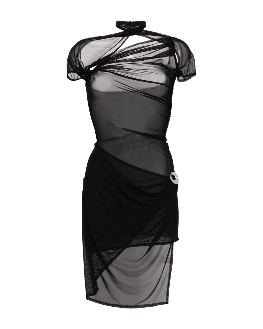 Gathered Mesh Asymmetric Mini Dress