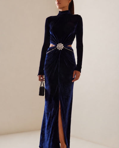Crystal-Embellished Cutout Velvet Dress Blue