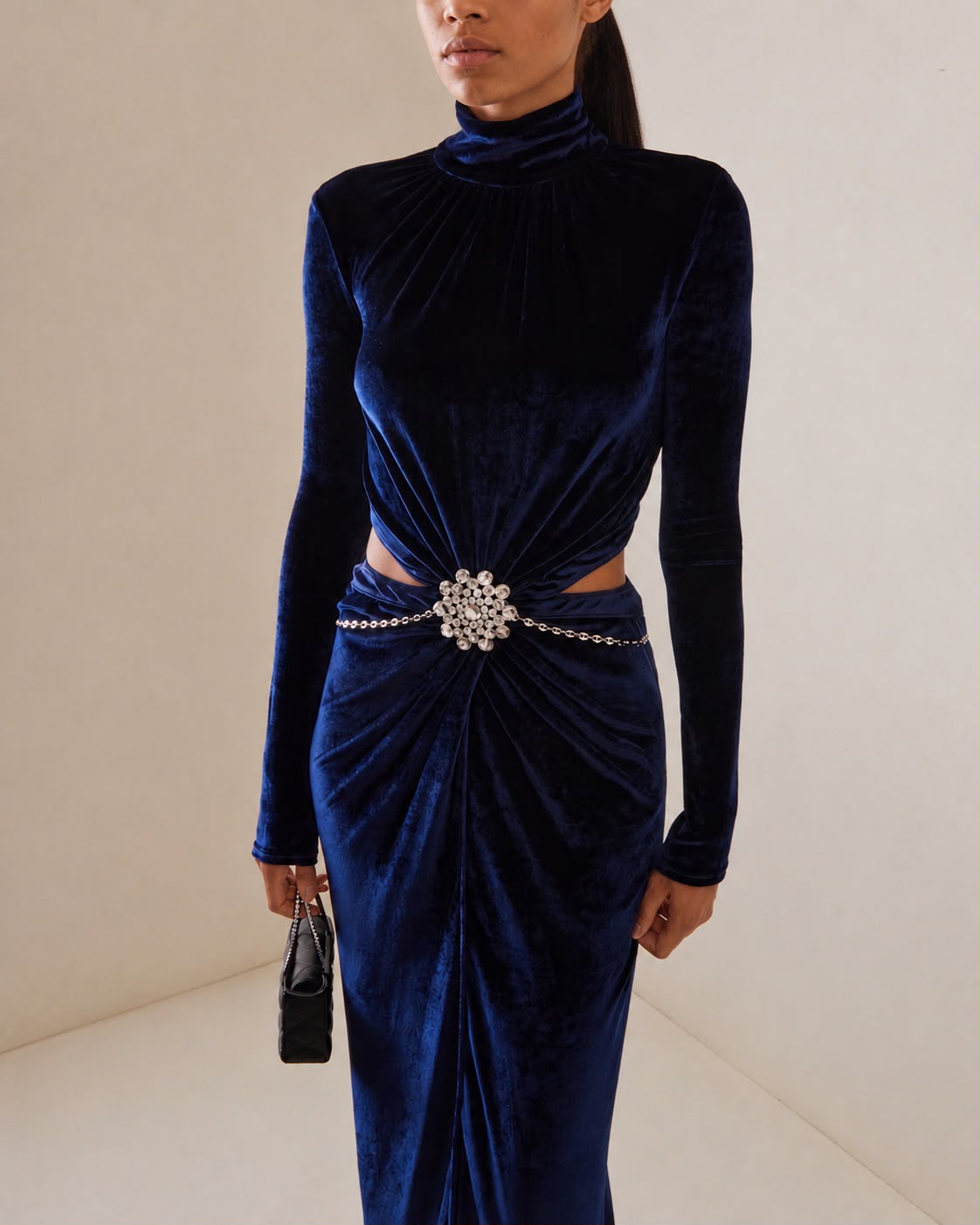 Crystal-Embellished Cutout Velvet Dress Blue